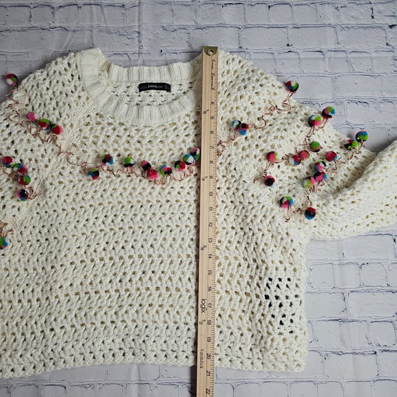 Zara Knit Women Ivory Crochet Pom Pom Cropped Sweater Small Wool Blend - Picture 5 of 10